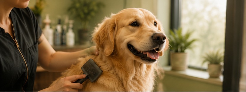 A groomer gently brushing a golden retriever's coat at Bark & Purr in Allen, TX.
